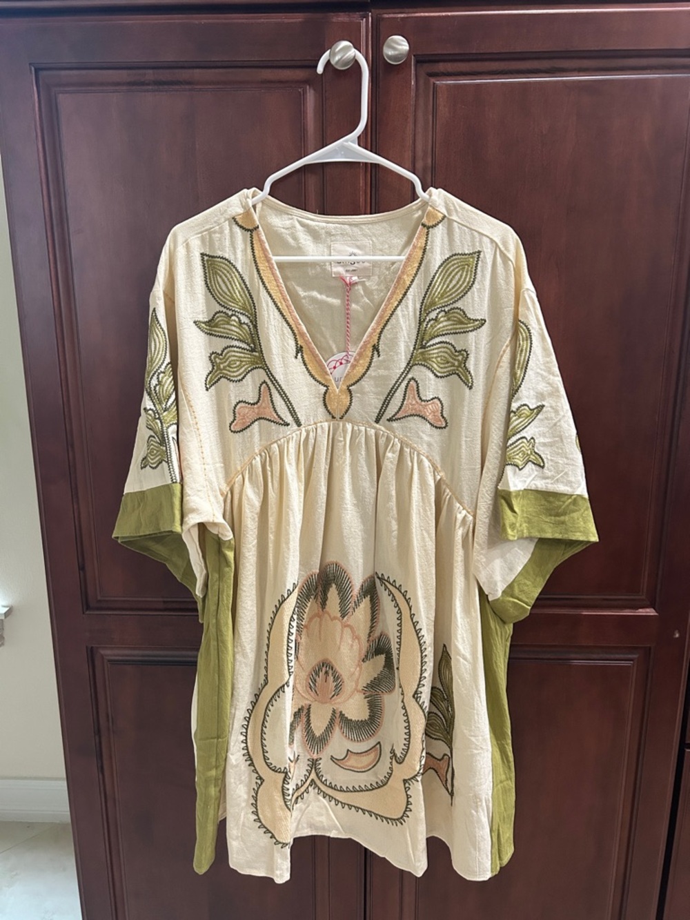Umgee Embroidered Boho Tunic in Cream & Olive Green